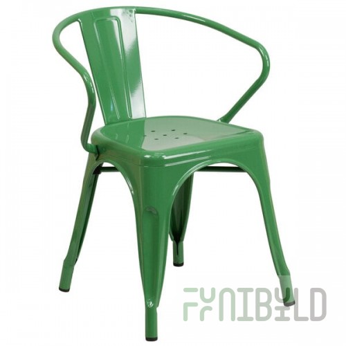 Flash Furniture CH-31270-GN-GG Green Stackable Galvanized Steel Chair with Arms, Vertical Slat Back, and Drain Hole Seat