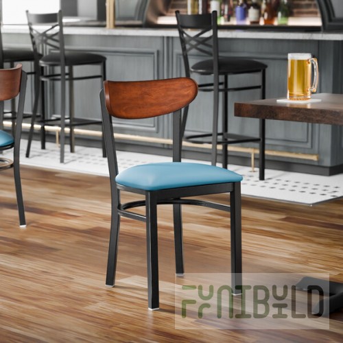 Lancaster Table & Seating Boomerang Black Finish Chair with Blue Vinyl Seat and Antique Walnut Wood Back