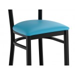 Lancaster Table & Seating Boomerang Black Finish Chair with Blue Vinyl Seat and Antique Walnut Wood Back Lancaster Table & Seating Boomerang Black Finish Chair with Blue Vinyl Seat and Antique Walnut Wood Back