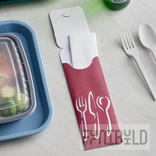 Dinex Burgundy Bon Appetit Paper Cutlery Caddy with Napkin - 600/Case