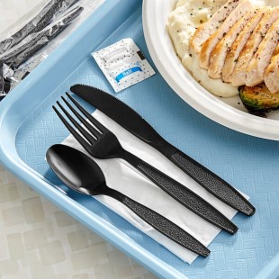 Choice Black Extra Heavy Weight Wrapped Polystyrene Plastic Cutlery Pack with Napkin and Salt and Pepper Packets - 500/Case Choice Black Extra Heavy Weight Wrapped Polystyrene Plastic Cutlery Pack with Napkin and Salt and Pepper Packets - 500/Case