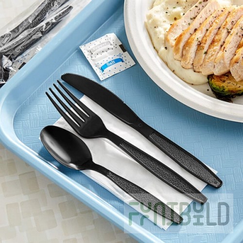 Choice Black Extra Heavy Weight Wrapped Polystyrene Plastic Cutlery Pack with Napkin and Salt and Pepper Packets - 500/Case