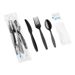 Choice Black Extra Heavy Weight Wrapped Polystyrene Plastic Cutlery Pack with Napkin and Salt and Pepper Packets - 500/Case Choice Black Extra Heavy Weight Wrapped Polystyrene Plastic Cutlery Pack with Napkin and Salt and Pepper Packets - 500/Case