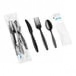 Choice Black Extra Heavy Weight Wrapped Polystyrene Plastic Cutlery Pack with Napkin and Salt and Pepper Packets - 500/Case Choice Black Extra Heavy Weight Wrapped Polystyrene Plastic Cutlery Pack with Napkin and Salt and Pepper Packets - 500/Case