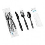 Choice Black Extra Heavy Weight Wrapped Polystyrene Plastic Cutlery Pack with Napkin and Salt and Pepper Packets - 500/Case Choice Black Extra Heavy Weight Wrapped Polystyrene Plastic Cutlery Pack with Napkin and Salt and Pepper Packets - 500/Case