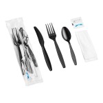 Choice Black Extra Heavy Weight Wrapped Polystyrene Plastic Cutlery Pack with Napkin and Salt and Pepper Packets - 500/Case Choice Black Extra Heavy Weight Wrapped Polystyrene Plastic Cutlery Pack with Napkin and Salt and Pepper Packets - 500/Case