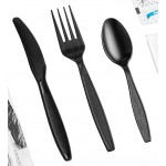 Choice Black Extra Heavy Weight Wrapped Polystyrene Plastic Cutlery Pack with Napkin and Salt and Pepper Packets - 500/Case Choice Black Extra Heavy Weight Wrapped Polystyrene Plastic Cutlery Pack with Napkin and Salt and Pepper Packets - 500/Case