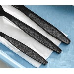 Choice Black Extra Heavy Weight Wrapped Polystyrene Plastic Cutlery Pack with Napkin and Salt and Pepper Packets - 500/Case Choice Black Extra Heavy Weight Wrapped Polystyrene Plastic Cutlery Pack with Napkin and Salt and Pepper Packets - 500/Case