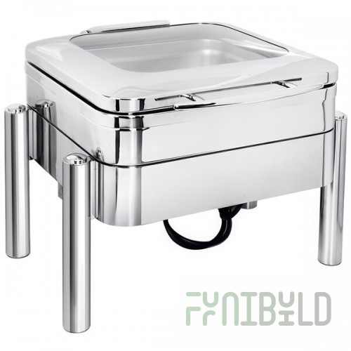 Eastern Tabletop 3974GS Jazz Swing 6 Qt. Stainless Steel Square Chafer with Pillar'd Stand and Hinged Glass Dome Cover