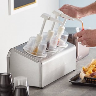 Steril-Sil 30 oz. 3-Compartment Stainless Steel Condiment Dispenser Kit with White Cylinders and Dome Top Pump Lids Steril-Sil 30 oz. 3-Compartment Stainless Steel Condiment Dispenser Kit with White Cylinders and Dome Top Pump Lids