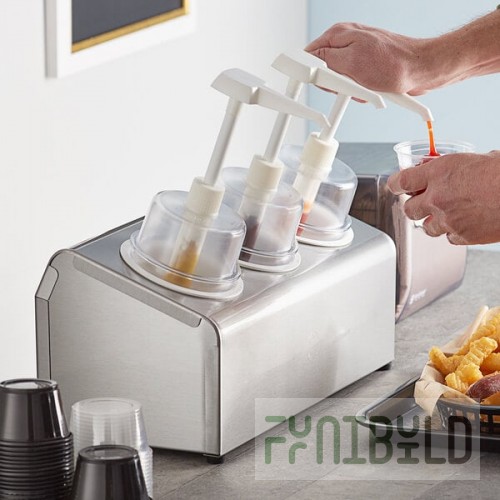 Steril-Sil 30 oz. 3-Compartment Stainless Steel Condiment Dispenser Kit with White Cylinders and Dome Top Pump Lids