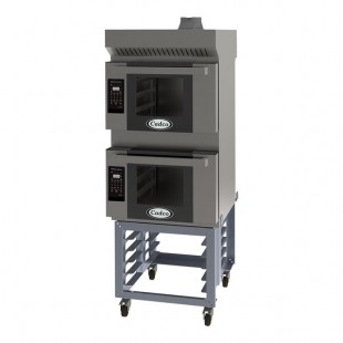 Cadco Bakerlux Station BLS-3HLD-2H Double Stacked 3-Shelf Half Size Heavy-Duty Digital Countertop Convection Ovens with LED Control Panels, Ventless Hood, and Stand - 208-240V Cadco Bakerlux Station BLS-3HLD-2H Double Stacked 3-Shelf Half Size Heavy-Duty Digital Countertop Convection Ovens with LED Control Panels, Ventless Hood, and Stand - 208-240V