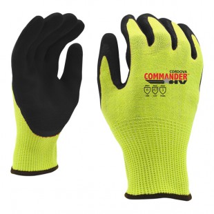 Cordova Commander Hi-Vis Yellow 13 Gauge HPPE / Steel / Glass Fiber Cut-Resistant Food-Safe Gloves with Black Sandy Nitrile Palm Coating - Medium Cordova Commander Hi-Vis Yellow 13 Gauge HPPE / Steel / Glass Fiber Cut-Resistant Food-Safe Gloves with Black Sandy Nitrile Palm Coating - Medium