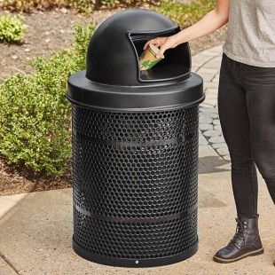 Lancaster Table & Seating 32 Gallon Heavy-Duty Round Black Steel Perforated Outdoor Trash Can with Plastic Dome Lid Lancaster Table & Seating 32 Gallon Heavy-Duty Round Black Steel Perforated Outdoor Trash Can with Plastic Dome Lid