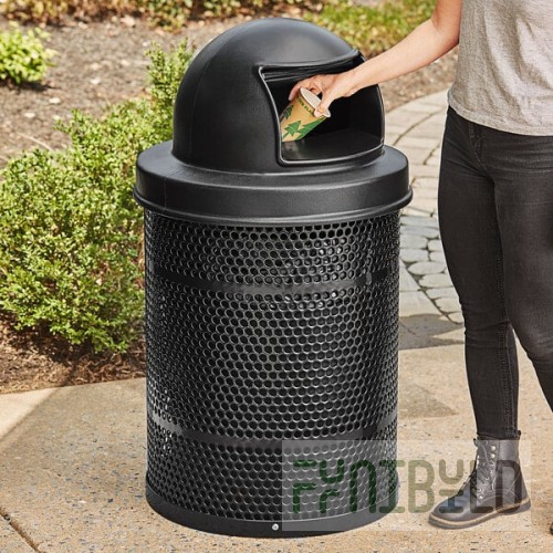 Lancaster Table & Seating 32 Gallon Heavy-Duty Round Black Steel Perforated Outdoor Trash Can with Plastic Dome Lid