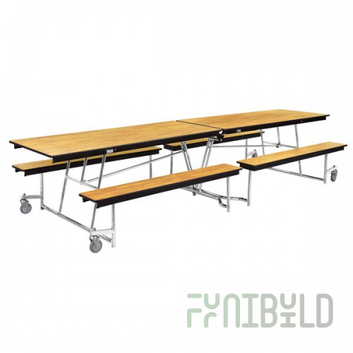 National Public Seating MTFB12-PWPECR 12' Rectangular Fixed Bench Plywood Cafeteria Table with ProtectEdge and Chrome Frame