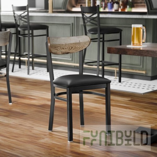 Lancaster Table & Seating Boomerang Black Finish Chair with Black Vinyl Seat and Driftwood Back - Unassembled