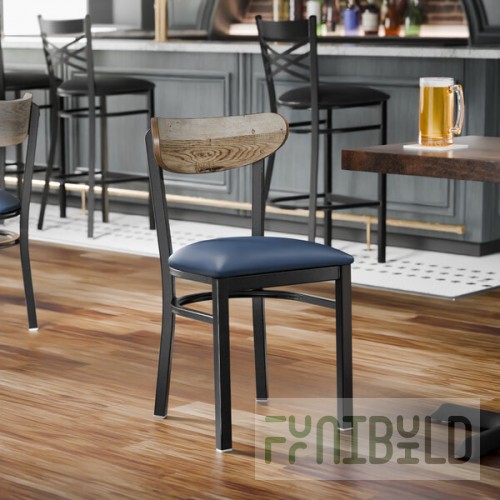 Lancaster Table & Seating Boomerang Black Finish Chair with Navy Vinyl Seat and Driftwood Back