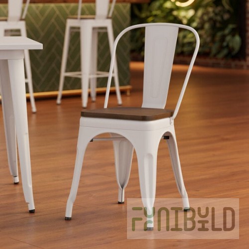 Lancaster Table & Seating Alloy Pearl White Indoor Cafe Chair with Walnut Wood Seat