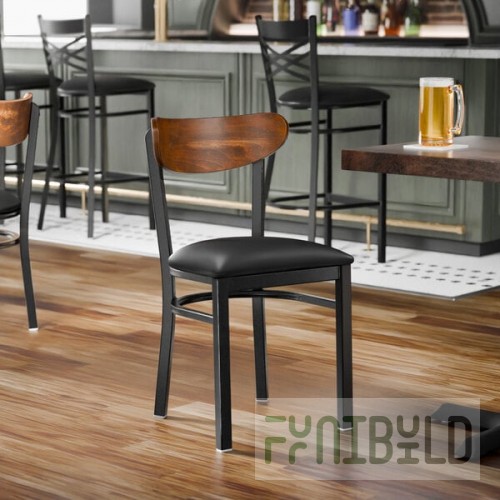 Lancaster Table & Seating Boomerang Black Finish Chair with Black Vinyl Seat and Vintage Wood Back - Unassembled