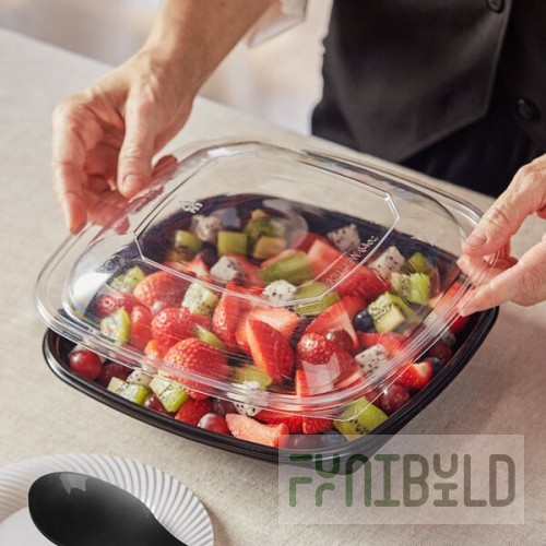 Visions Clear PET Plastic Dome Lid for 32W, 48W, and 64 oz. Square Bowls - 150/Case