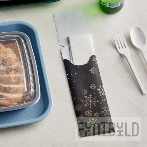 Dinex Black Happy Holidays Paper Cutlery Caddy with Napkin - 600/Case