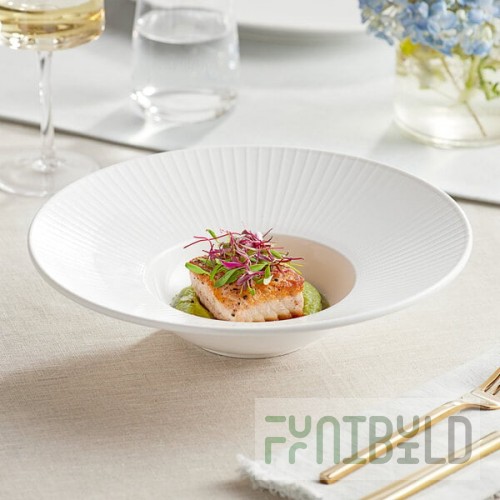 Acopa Cordelia 8 oz. Bright White Embossed Wide Rim Porcelain Gourmet Bowl - Sample