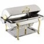 Bon Chef 17040 Elite Rectangle 8 Qt. Dripless Stainless Steel with Brass Accents Roll Top Chafer with Renaissance Legs Bon Chef 17040 Elite Rectangle 8 Qt. Dripless Stainless Steel with Brass Accents Roll Top Chafer with Renaissance Legs