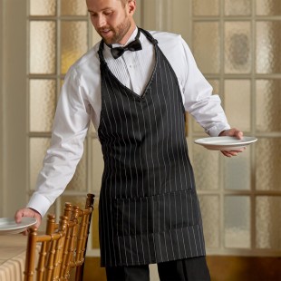 Choice Black and White Pinstripe Poly-Cotton Adjustable Tuxedo Apron with 2 Pockets - 32 Choice Black and White Pinstripe Poly-Cotton Adjustable Tuxedo Apron with 2 Pockets - 32
