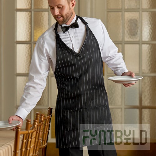 Choice Black and White Pinstripe Poly-Cotton Adjustable Tuxedo Apron with 2 Pockets - 32