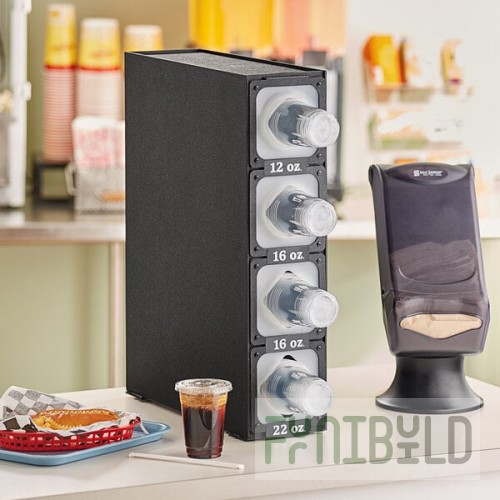 KleanTake by ServSense Black Countertop Slim Cup Dispenser Cabinet with 6 Fast-Changing Gaskets - 4 Slot