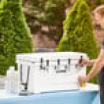 CaterGator JB65WH4 White 4 Faucet 68 Qt. Insulated Jockey Box with 79 ft. Coils CaterGator JB65WH4 White 4 Faucet 68 Qt. Insulated Jockey Box with 79 ft. Coils