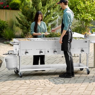 Backyard Pro Five Pan Open Well Mobile Liquid Propane Outdoor Steam Table with Undershelf - 17,500 BTU Backyard Pro Five Pan Open Well Mobile Liquid Propane Outdoor Steam Table with Undershelf - 17,500 BTU