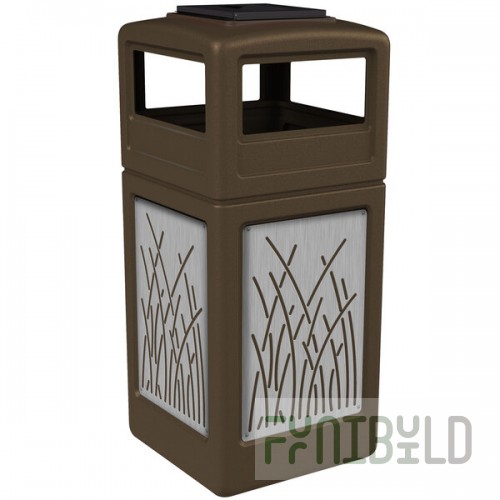 Commercial Zone 733016299 42 Gallon Brown Square Trash Can with Stainless Steel Reed Panels and Ashtray Lid
