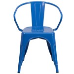 Flash Furniture CH-31270-BL-GG Blue Stackable Galvanized Steel Chair with Arms, Vertical Slat Back, and Drain Hole Seat
