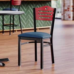 Lancaster Table & Seating Black Finish Side Chair with Navy Vinyl Seat and Mahogany Wood Back - Assembled Lancaster Table & Seating Black Finish Side Chair with Navy Vinyl Seat and Mahogany Wood Back - Assembled