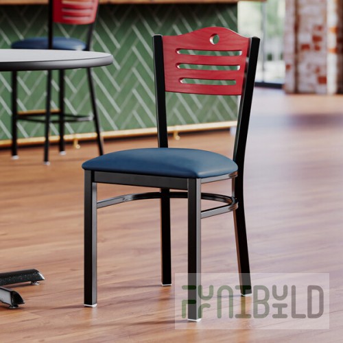 Lancaster Table & Seating Black Finish Side Chair with Navy Vinyl Seat and Mahogany Wood Back - Assembled