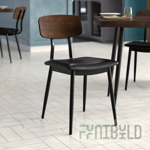 Lancaster Table & Seating Mid-Century Black Chair with Black Vinyl Padded Seat and Espresso Wood Backrest - Assembled