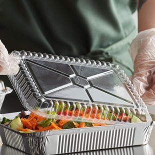 Choice 1.5 lb. Oblong Shallow Foil Take-Out Container with Dome Lid - 50/Pack Choice 1.5 lb. Oblong Shallow Foil Take-Out Container with Dome Lid - 50/Pack