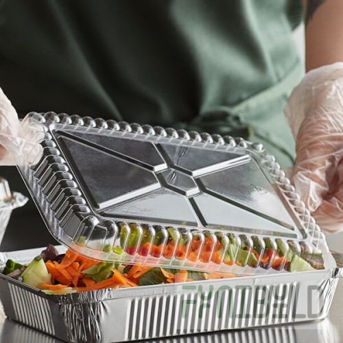 Choice 1.5 lb. Oblong Shallow Foil Take-Out Container with Dome Lid - 50/Pack