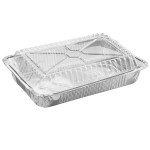Choice 1.5 lb. Oblong Shallow Foil Take-Out Container with Dome Lid - 50/Pack