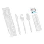 Choice White Medium Weight Wrapped Polypropylene Plastic Cutlery Pack with Napkin and Salt / Pepper Packets - 500/Case Choice White Medium Weight Wrapped Polypropylene Plastic Cutlery Pack with Napkin and Salt / Pepper Packets - 500/Case