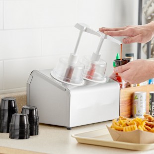 Steril-Sil 30 oz. 2-Compartment Stainless Steel Condiment Dispenser Kit with White Cylinders and Dome Top Pump Lids Steril-Sil 30 oz. 2-Compartment Stainless Steel Condiment Dispenser Kit with White Cylinders and Dome Top Pump Lids