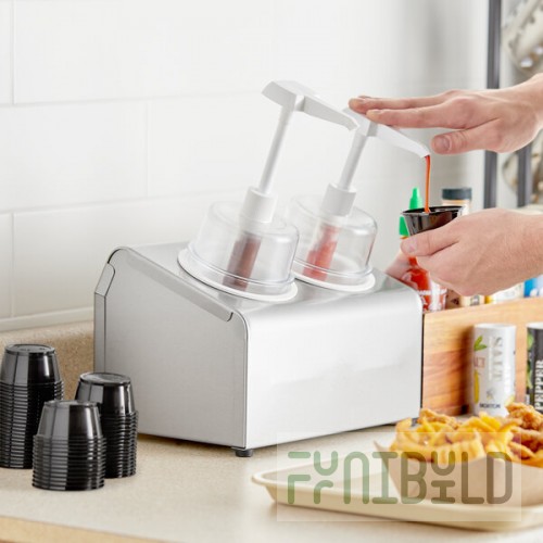 Steril-Sil 30 oz. 2-Compartment Stainless Steel Condiment Dispenser Kit with White Cylinders and Dome Top Pump Lids