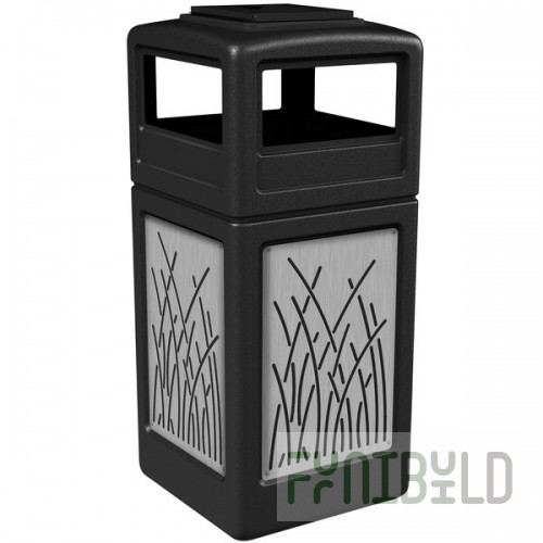 Commercial Zone 733016199 42 Gallon Black Square Trash Can with Stainless Steel Reed Panels and Ashtray Lid