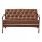 QA Group Mid-Century Modern Brown Faux Leather Oversized Tufted Lordelo Lounge Chair with Natural Wooden Frame