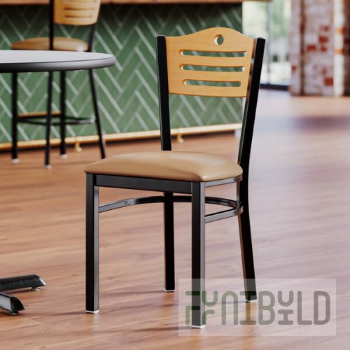 Lancaster Table & Seating Black Finish Side Chair with Light Brown Vinyl Seat and Natural Wood Back - Assembled