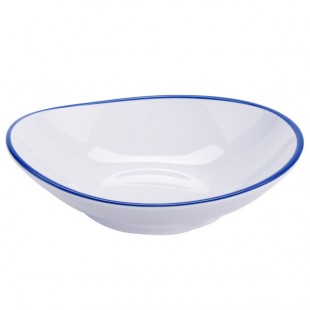 GET B-100-W/CB Settlement Bistro 10 oz. White Enamelware Melamine Shallow Bowl with Cobalt Blue Trim - 24/Case
