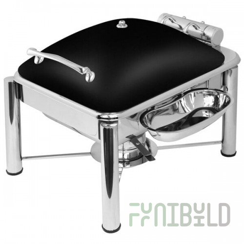Eastern Tabletop 3964PLMB Crown 4 Qt. Square Black Coated Stainless Steel Induction Chafer with Pillar'd Legs and Hinged Dome Cover