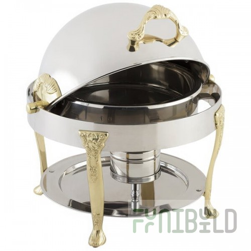 Bon Chef 17014 Petite 3 Qt. Dripless Round Stainless Steel with Brass Accents Roll Top Chafer with Renaissance Legs
